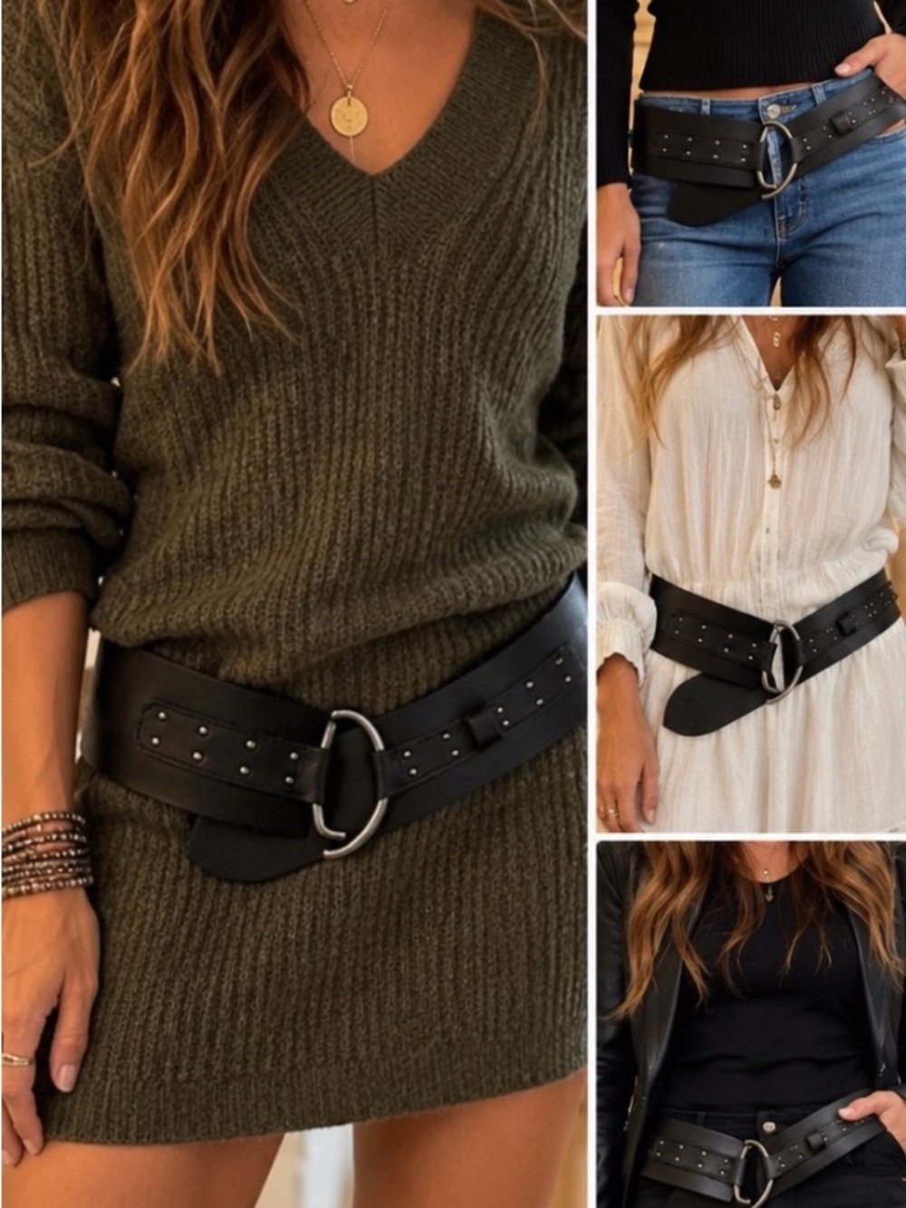 Free People Black Wide Studded Leather Waist Belt with Silver Ring